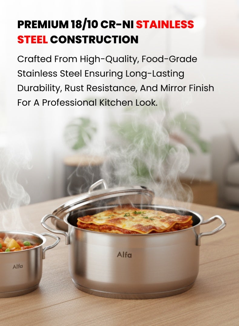 ALFA 9‑Piece Premium Cookware Set | 18/10 Cr‑Ni Stainless Steel | Deep Casseroles, Low Casserole & Frypan | Induction, Gas & Electric Compatible | Dishwasher Safe - Image 2