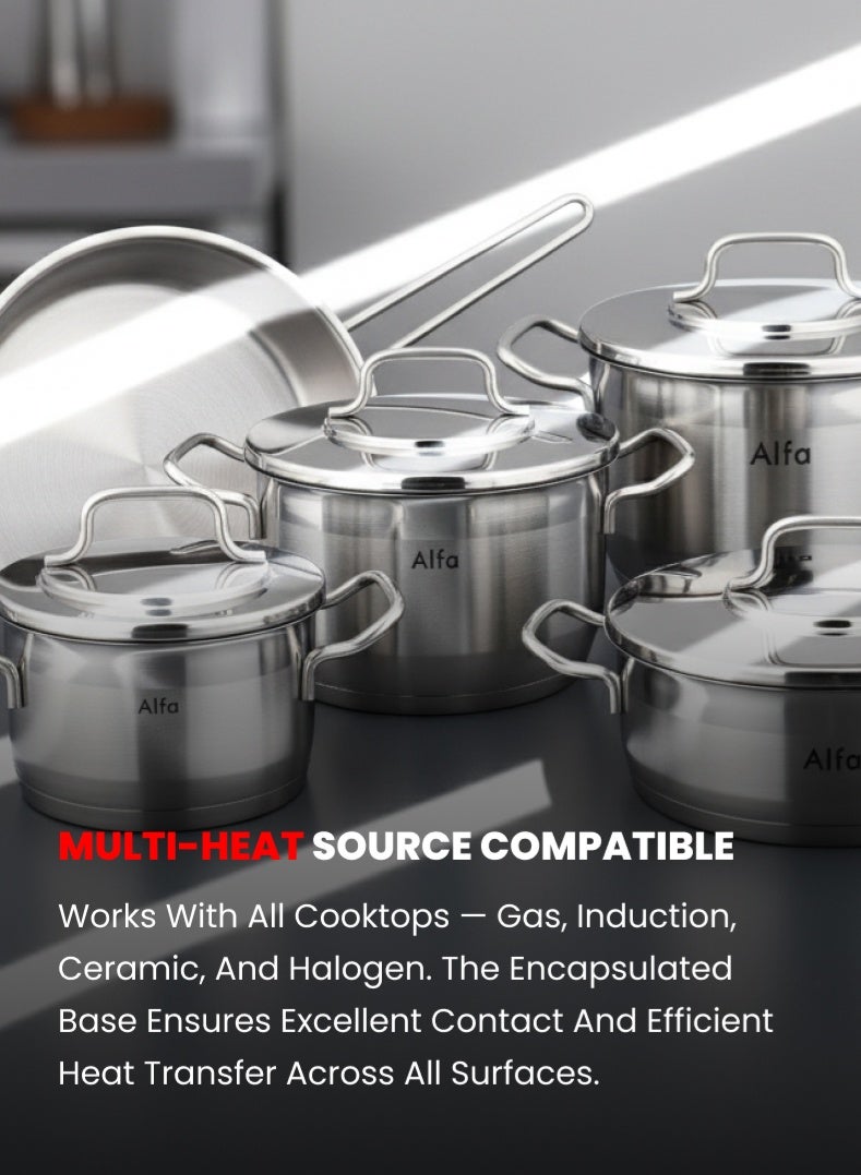 ALFA 9‑Piece Premium Cookware Set | 18/10 Cr‑Ni Stainless Steel | Deep Casseroles, Low Casserole & Frypan | Induction, Gas & Electric Compatible | Dishwasher Safe - Image 5