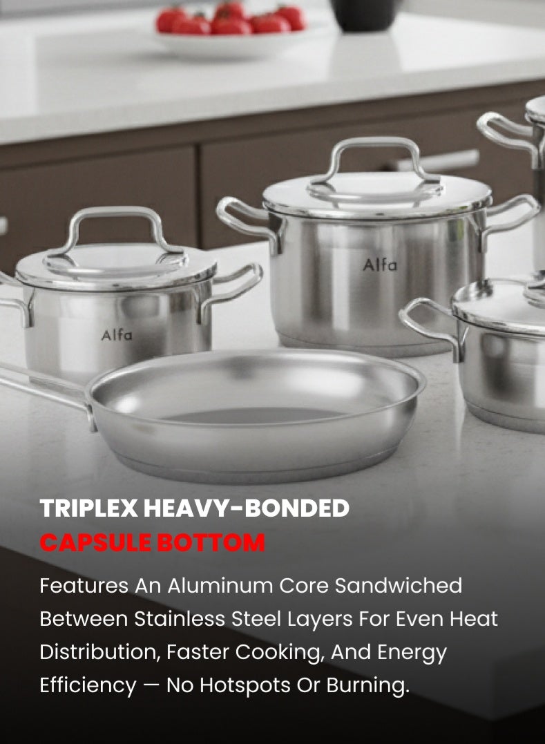ALFA 9‑Piece Premium Cookware Set | 18/10 Cr‑Ni Stainless Steel | Deep Casseroles, Low Casserole & Frypan | Induction, Gas & Electric Compatible | Dishwasher Safe - Image 3