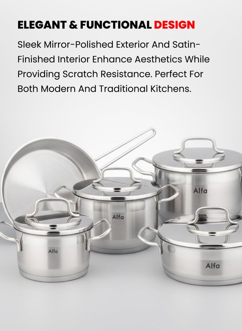 ALFA 9‑Piece Premium Cookware Set | 18/10 Cr‑Ni Stainless Steel | Deep Casseroles, Low Casserole & Frypan | Induction, Gas & Electric Compatible | Dishwasher Safe - Image 4