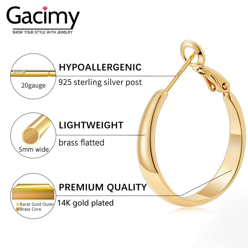 Gacimy 5mm Wide Gold Hoop Earrings for Women, 14K Gold Plated Hoops Earrings with 925 Sterling Silver Post, Golden Small 25mm - Image 4