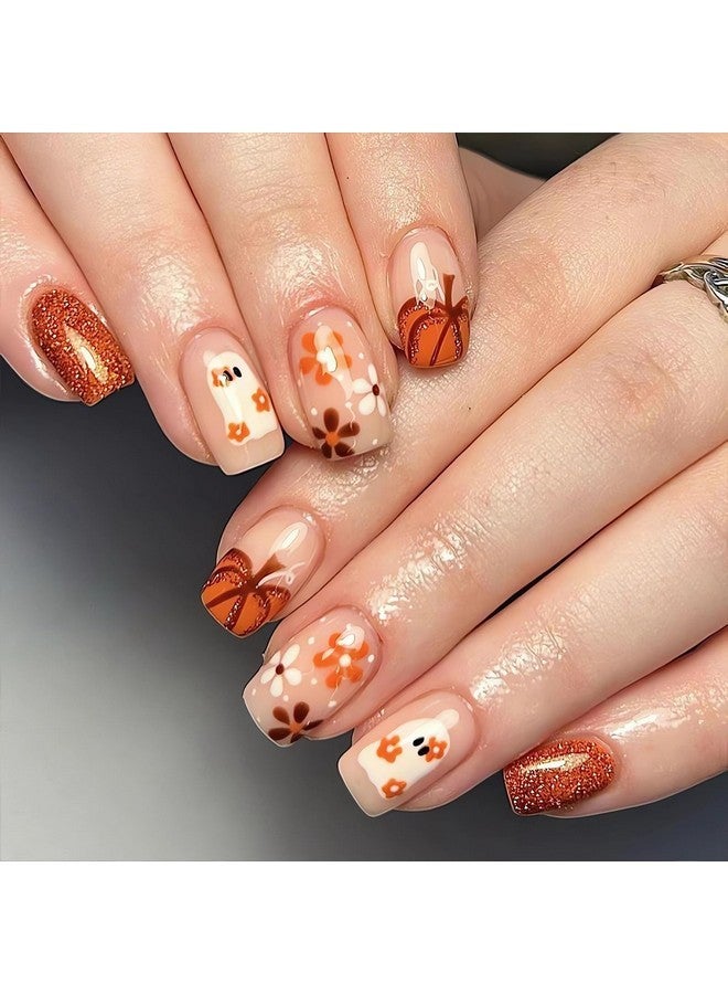 SINSEN Halloween Press On Nails Medium - Square Halloween Fake Nails, Orange Halloween False Nails With Glitter Designs, Flower Ghost Halloween Glue On Nails For Women, 24Pcs - Image 1