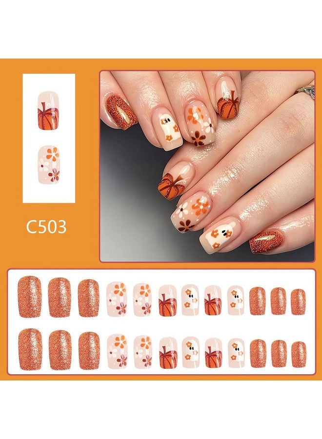 SINSEN Halloween Press On Nails Medium - Square Halloween Fake Nails, Orange Halloween False Nails With Glitter Designs, Flower Ghost Halloween Glue On Nails For Women, 24Pcs - Image 3