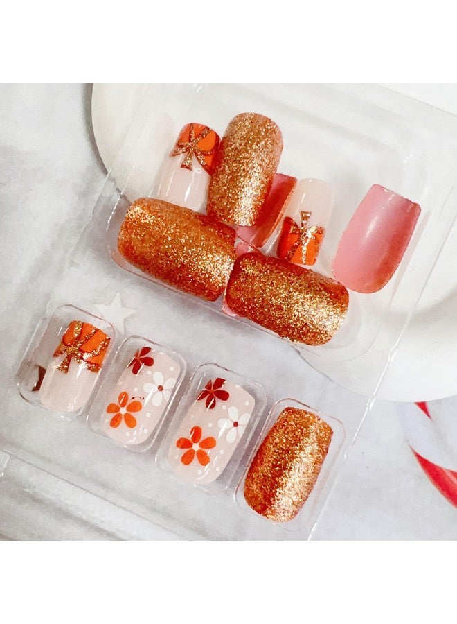 SINSEN Halloween Press On Nails Medium - Square Halloween Fake Nails, Orange Halloween False Nails With Glitter Designs, Flower Ghost Halloween Glue On Nails For Women, 24Pcs - Image 2