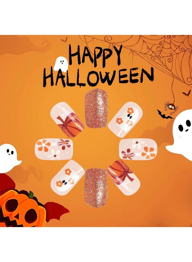 SINSEN Halloween Press On Nails Medium - Square Halloween Fake Nails, Orange Halloween False Nails With Glitter Designs, Flower Ghost Halloween Glue On Nails For Women, 24Pcs - Image 5