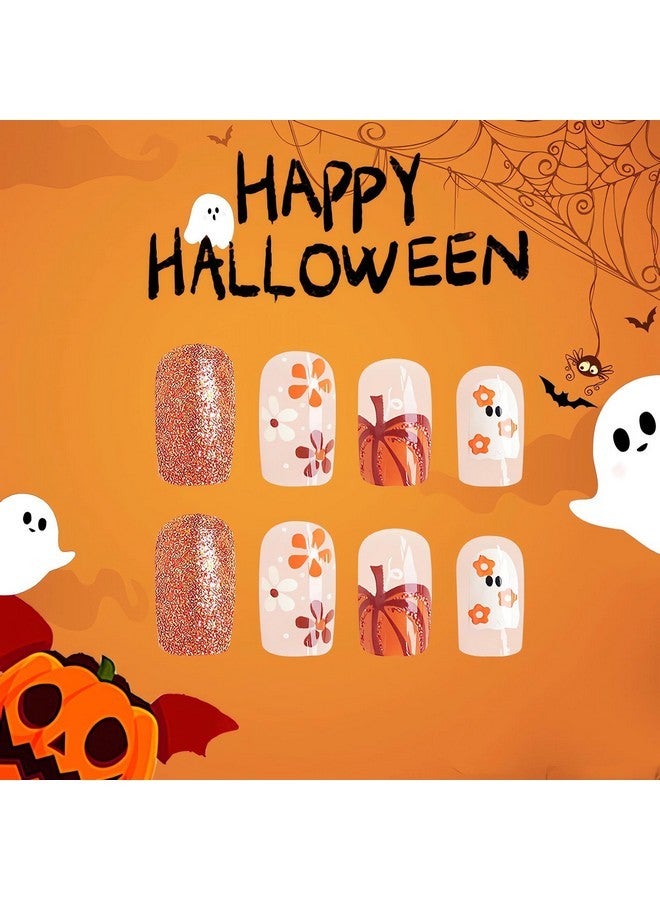 SINSEN Halloween Press On Nails Medium - Square Halloween Fake Nails, Orange Halloween False Nails With Glitter Designs, Flower Ghost Halloween Glue On Nails For Women, 24Pcs - Image 4