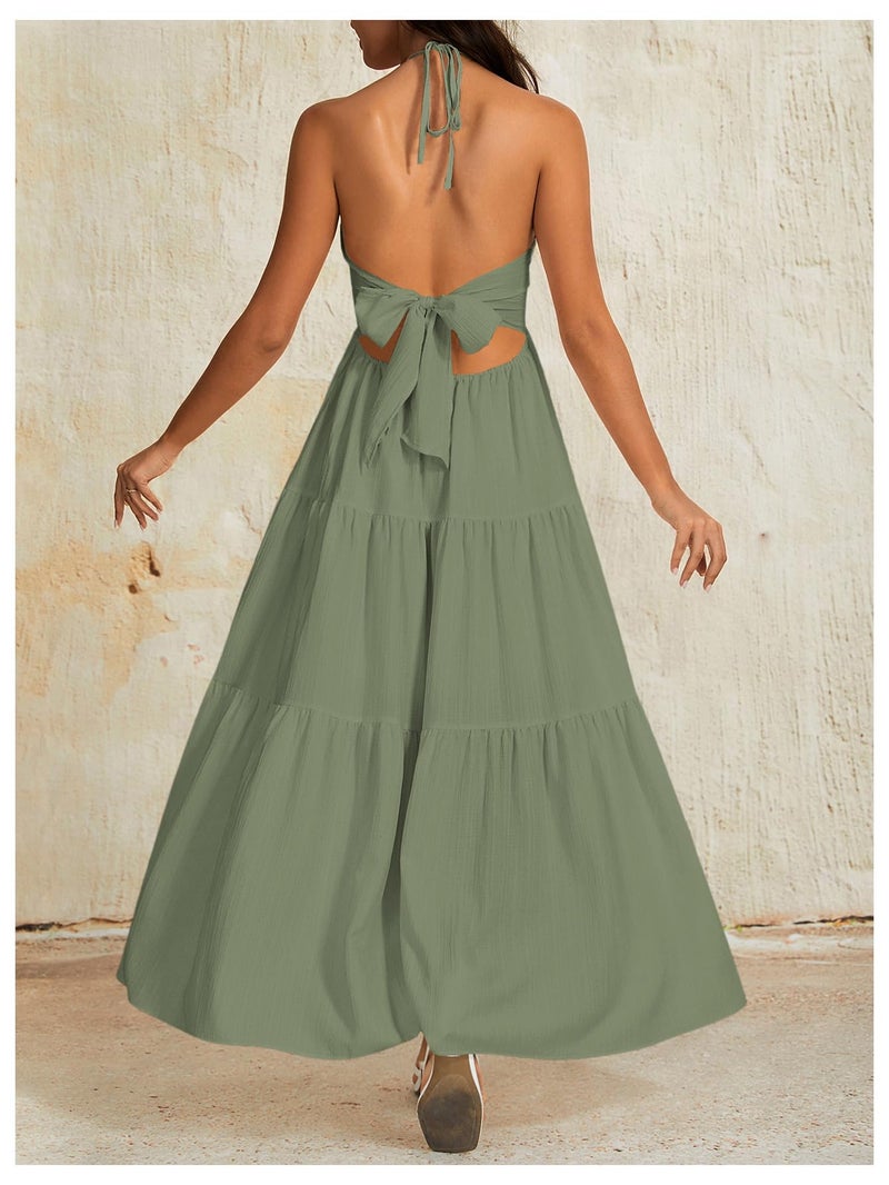 OYOANGLE Women's Summer Beach Halter Sundress Formal Wedding Guest Dress Backless Flowy Vacation Boho Maxi Dresses Army Green Small - Image 2