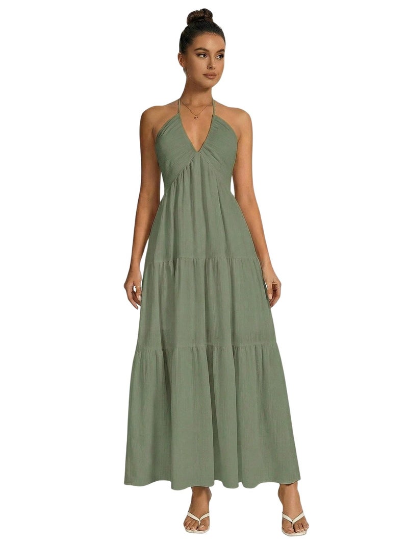 OYOANGLE Women's Summer Beach Halter Sundress Formal Wedding Guest Dress Backless Flowy Vacation Boho Maxi Dresses Army Green Small - Image 1