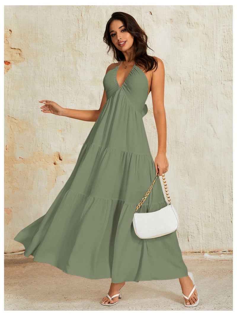 OYOANGLE Women's Summer Beach Halter Sundress Formal Wedding Guest Dress Backless Flowy Vacation Boho Maxi Dresses Army Green Small - Image 3