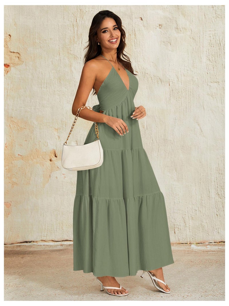 OYOANGLE Women's Summer Beach Halter Sundress Formal Wedding Guest Dress Backless Flowy Vacation Boho Maxi Dresses Army Green Small - Image 4