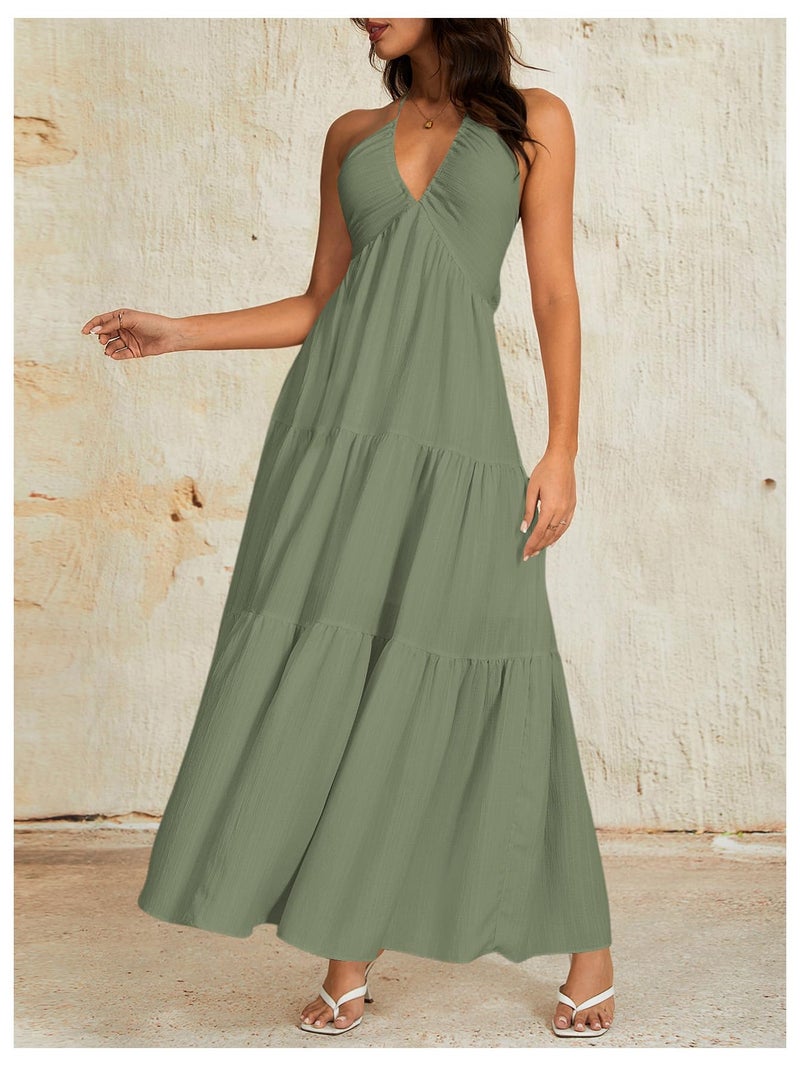 OYOANGLE Women's Summer Beach Halter Sundress Formal Wedding Guest Dress Backless Flowy Vacation Boho Maxi Dresses Army Green Small - Image 5