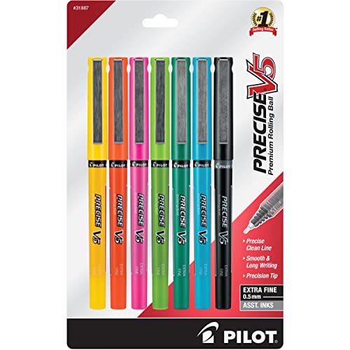 Pilot Precise V5 Capped Liquid Ink Rollerball Pens, Extra Fine Point Ink Pens 0.5 mm, Colored Pens, Assorted Colors, Pack of 7 - Ideal for School, Journaling, & Office Writing - Image 1
