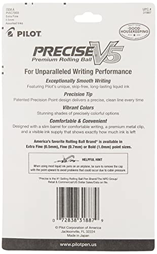 Pilot Precise V5 Capped Liquid Ink Rollerball Pens, Extra Fine Point Ink Pens 0.5 mm, Colored Pens, Assorted Colors, Pack of 7 - Ideal for School, Journaling, & Office Writing - Image 2