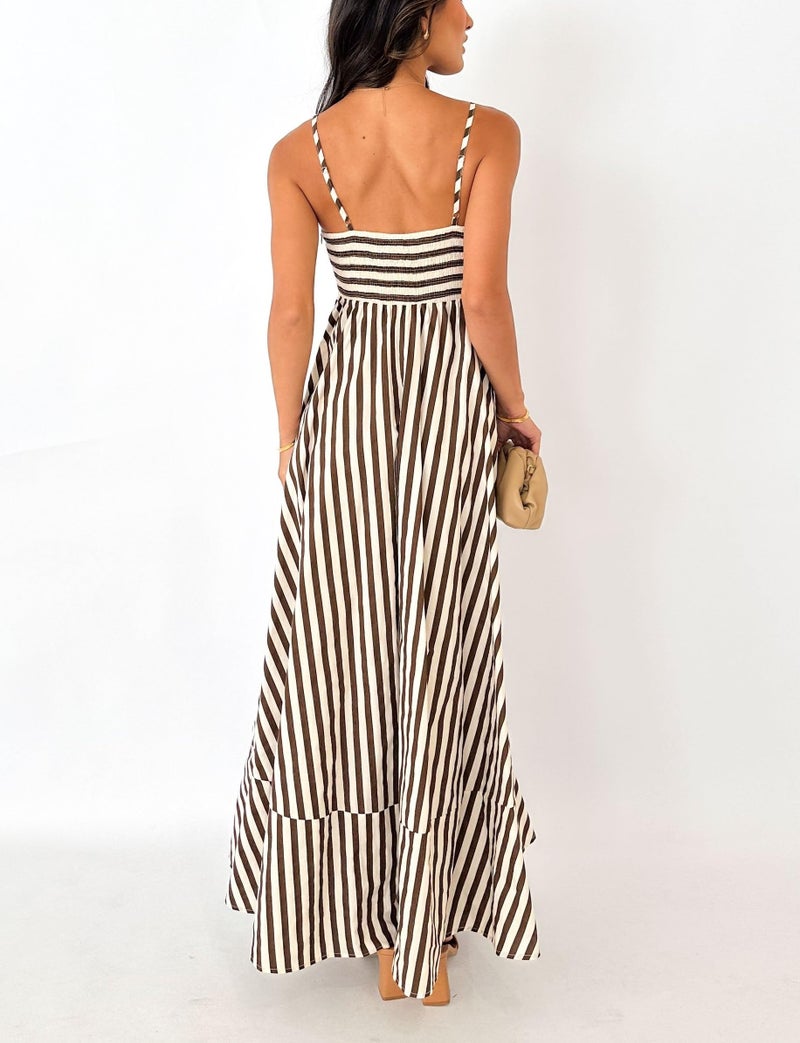 KMBANGI Women Striped Sleeveless Maxi Dress Swing Cutout Midi Dress Backless Smocked Spaghetti Strap Boho Flowy Long Sundress(Brown Stripes,M) - Image 4