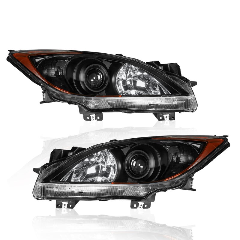 KUIPERAUTO Headlights Assembly Replacement Compatible with 2010-2013 Mazda 3 Halogen with Clear Lens Black Housing Amber Reflector Front Lamps Driver and Passenger Side #MA2518130, MA2519130 - Image 1