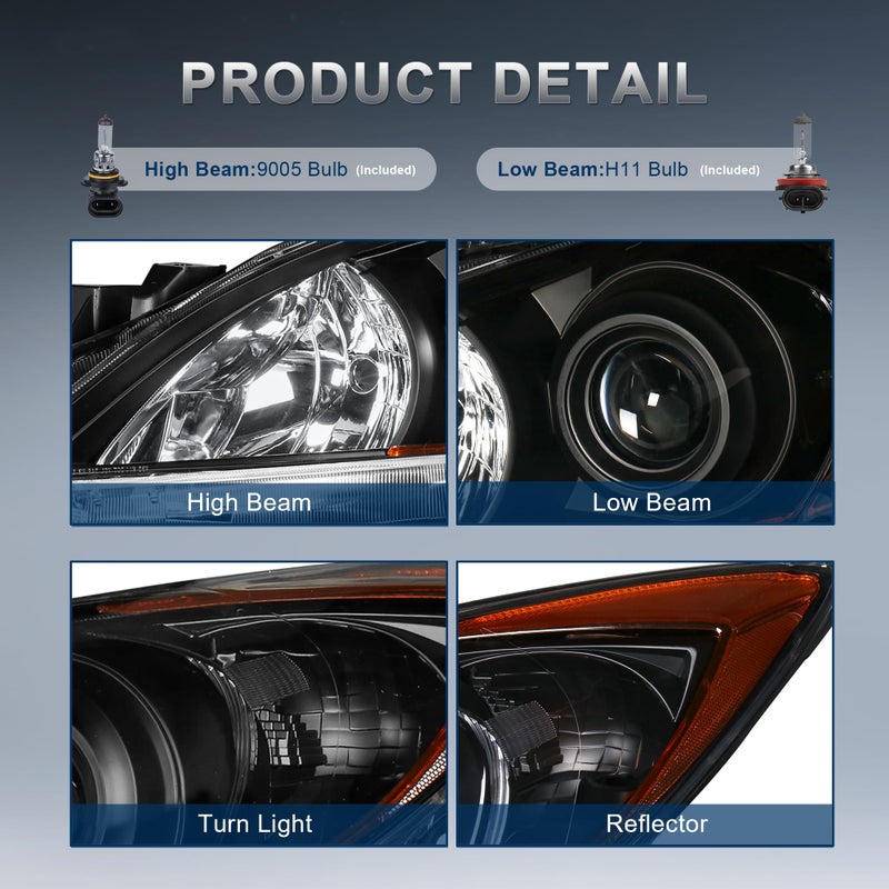 KUIPERAUTO Headlights Assembly Replacement Compatible with 2010-2013 Mazda 3 Halogen with Clear Lens Black Housing Amber Reflector Front Lamps Driver and Passenger Side #MA2518130, MA2519130 - Image 2