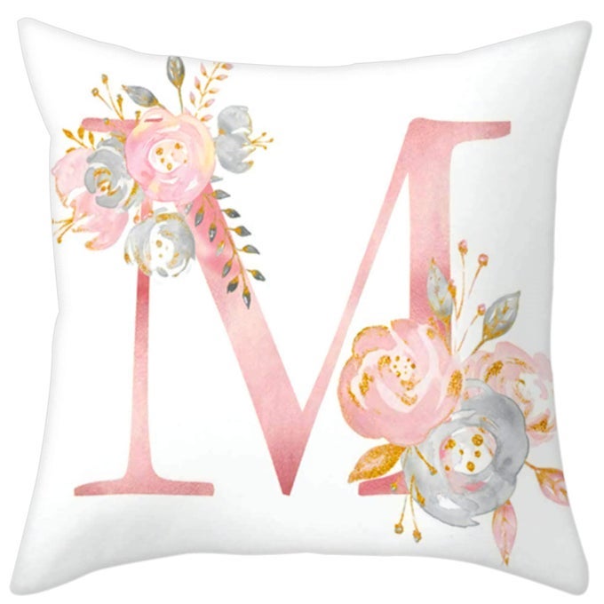 THROW PILLOW COVERS ALPHABET DECORATIVE PILLOW CASES ABC LETTER FLOWERS CUSHION COVERS 18 X 18 INCH SQUARE PILLOW PROTECTORS FOR SOFA COUCH BEDROOM CAR CHAIR HOME DECOR M