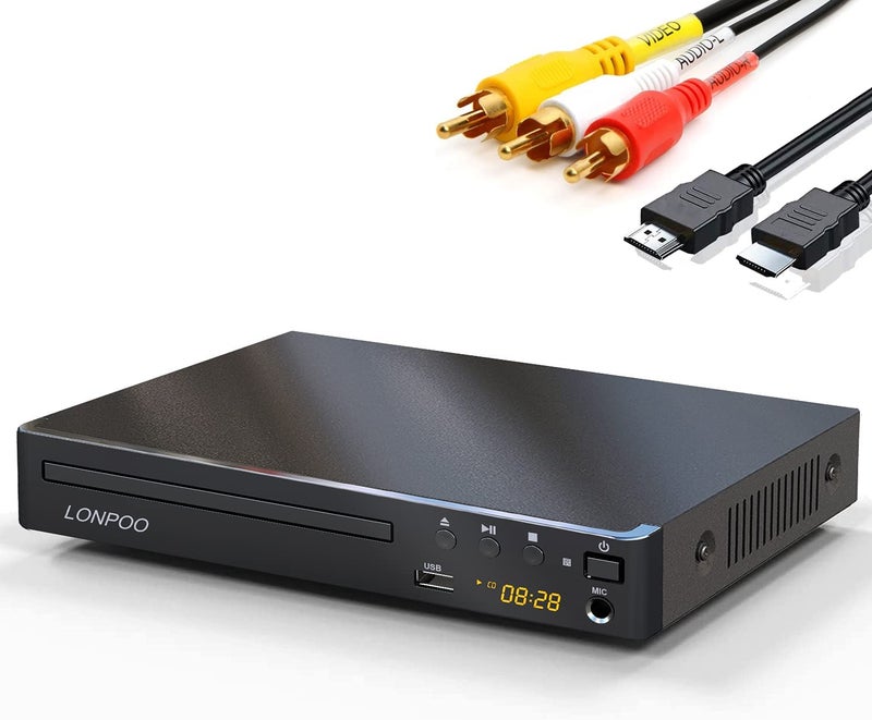 DVD Players HDMI for TV LONPOO Compact Multi Region DVD CD Player with Full HD Picture QualityAntiSkipNo Picture FreezeNoise CancellationMicrophone PortUSB PlaybackHDMI AV Cable Included