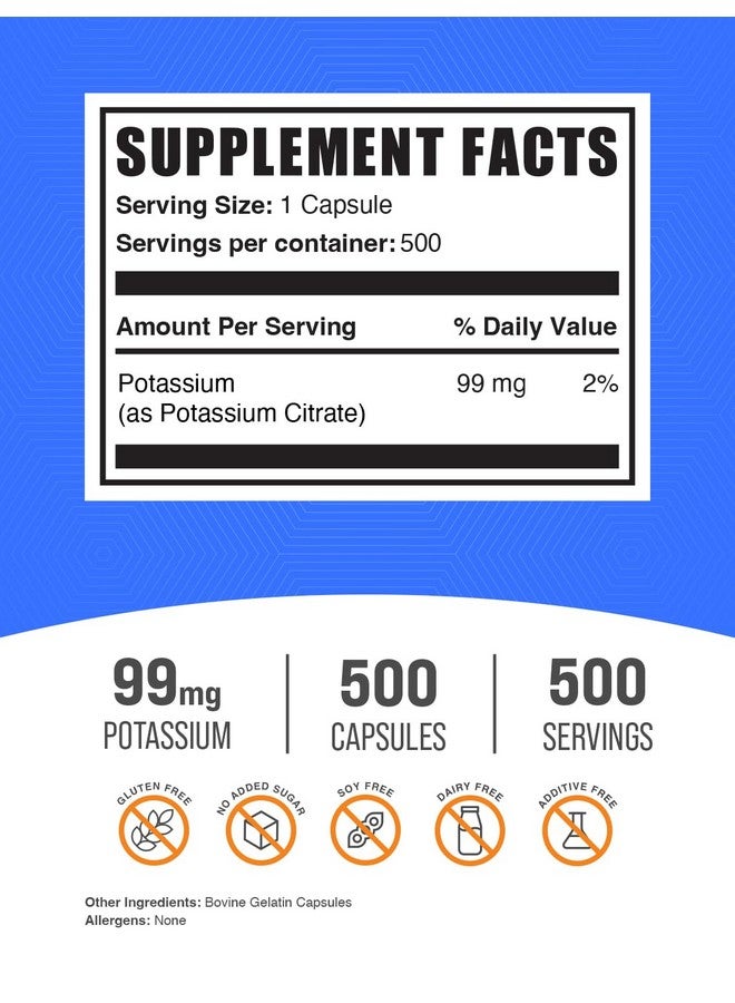 BulkSupplements.com Potassium Citrate Capsules - Potassium Citrate 99mg - 1 Capsule per Serving, 500 Capsules (Pack of 1) - Image 2