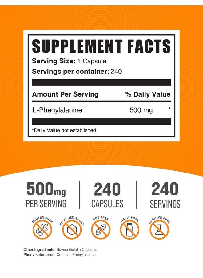 بالك سابلمنتس كبسولات إل-فينيل ألانين من BulkSupplements.com - مكمل فينيل ألانين، إل-فينيل ألانين 500 مجم - خالٍ من الجلوتين، كبسولة واحدة لكل وجبة، 240 كبسولة (عبوة من 1)  - Image 2