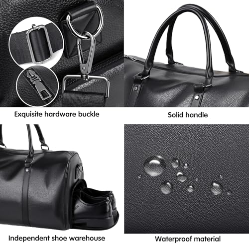 MCWTH Leather Travel Duffle Bag for Men, Carry On Weekender Overnight Bags for Business Sports Gym (Black1) - Image 4