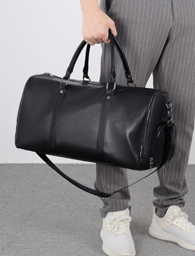 MCWTH Leather Travel Duffle Bag for Men, Carry On Weekender Overnight Bags for Business Sports Gym (Black1) - Image 5