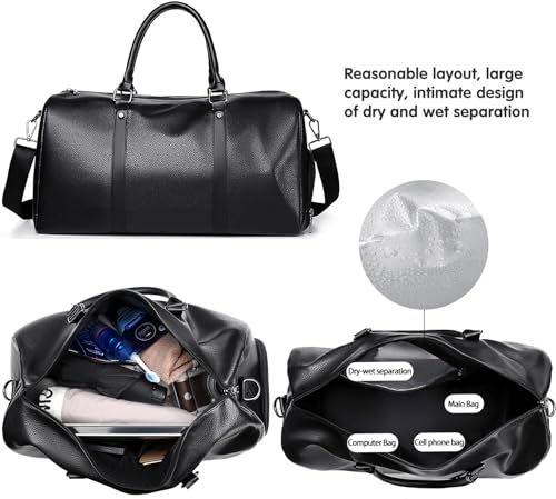 MCWTH Leather Travel Duffle Bag for Men, Carry On Weekender Overnight Bags for Business Sports Gym (Black1) - Image 3
