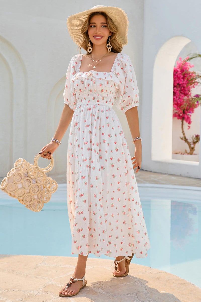 R.Vivimos Women Summer Half Sleeve Cotton Ruffled Vintage Elegant Backless A Line Flowy Long Dresses (X-Large, White#1-Floral) - Image 5