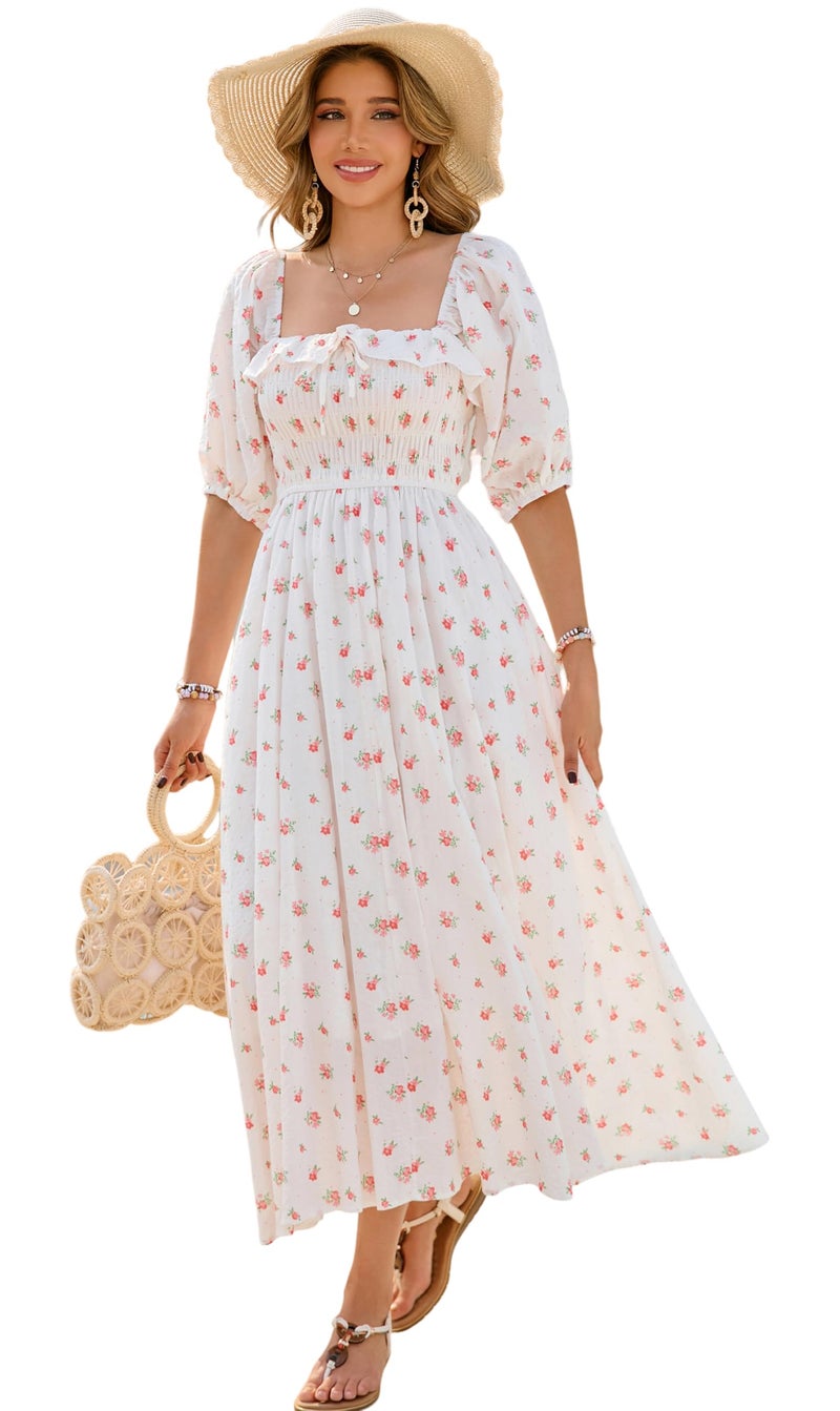R.Vivimos Women Summer Half Sleeve Cotton Ruffled Vintage Elegant Backless A Line Flowy Long Dresses (X-Large, White#1-Floral) - Image 1