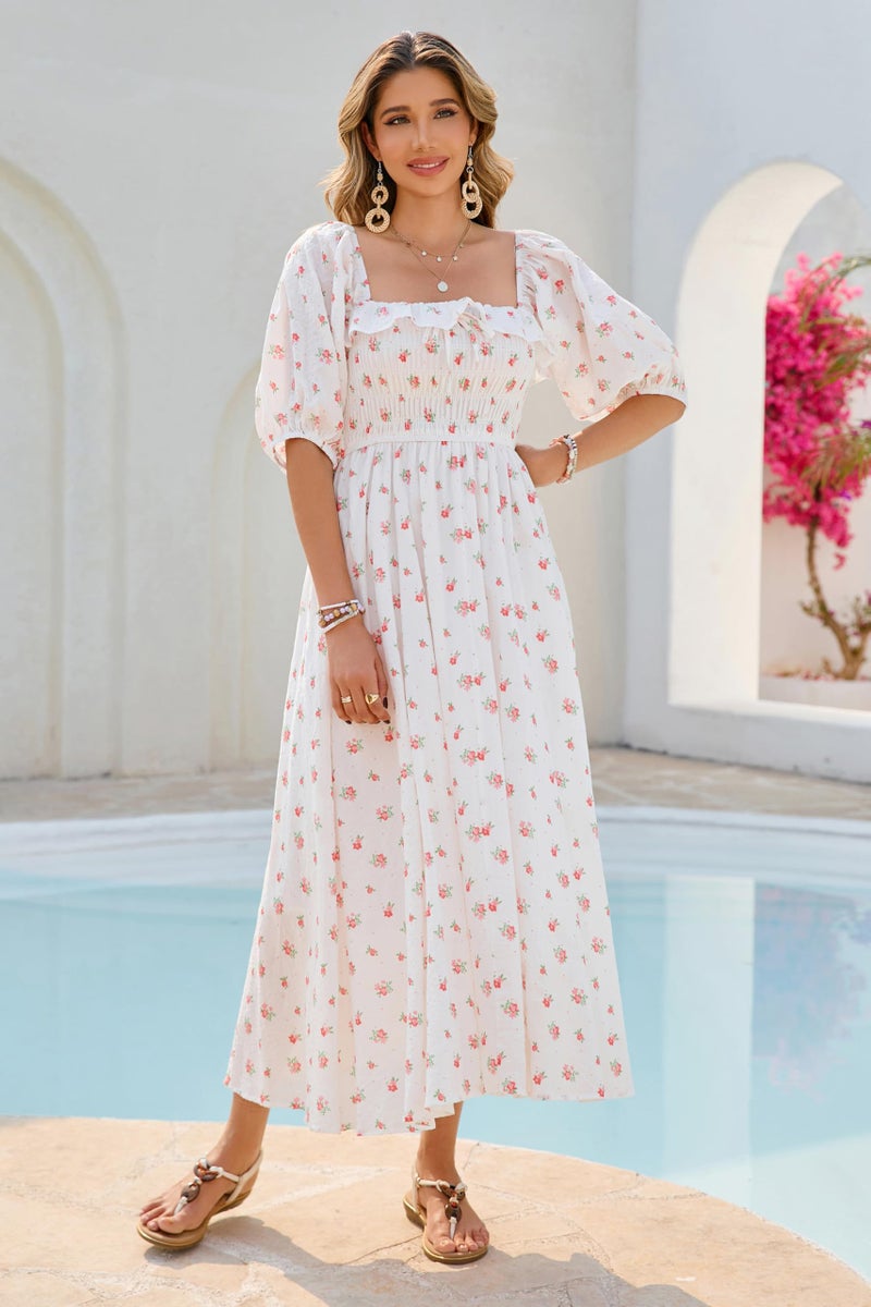 R.Vivimos Women Summer Half Sleeve Cotton Ruffled Vintage Elegant Backless A Line Flowy Long Dresses (X-Large, White#1-Floral) - Image 4
