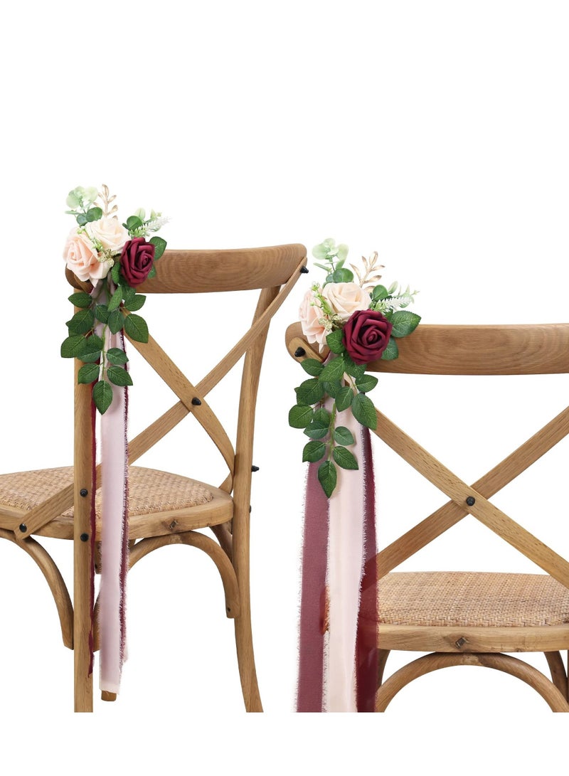 KASTWAVE طقم 2 من الزهور الاصطناعية الأرجوانية وزخارف الشاش لتزيين كراسي حفلات الزفاف مع زهور اصطناعية الأوكاليبتوس والأربطة - Image 1