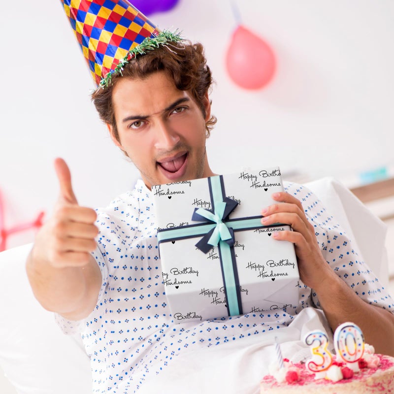 ZINTBIAL Birthday Wrapping Paper for Men - Happy Birthday Handsome Design for Special Friend, Husband, Boyfriend - 17 Inches x 16.5 Feet, Cut Lines on Back - Image 2