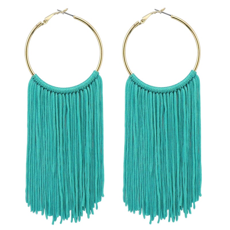 Coiris Boho Tassel Earrings for Women Bohemian Hoop Drop Tassels Western Earrings Dangle Country Earrings Summer Beach Long Tassels Earrings for Women(ER1083-Teal Blue) - Image 1
