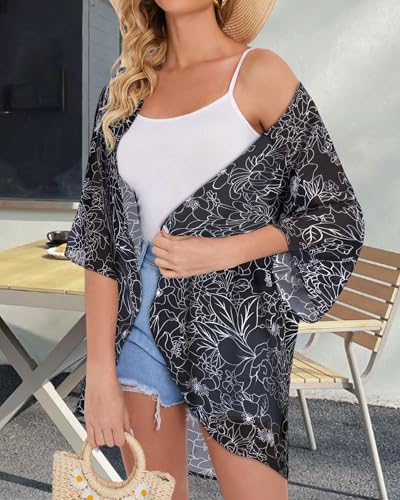 CHICGAL Womens Floral Kimono Cardigans Loose Puff Sleeve Casual Beach Coverups Tops (Black Brief Flowers,S) - Image 4