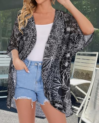 CHICGAL Womens Floral Kimono Cardigans Loose Puff Sleeve Casual Beach Coverups Tops (Black Brief Flowers,S) - Image 3