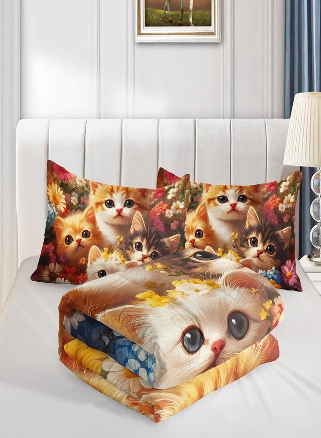 UEVBF Cute Cat Comforter Twin Size,Colorful Flowers Pattern Bedding Sets for Toddlers Girls Kids Room Decor,Soft Breathable Comforter Sets with 2 Pillowcases. - Image 4