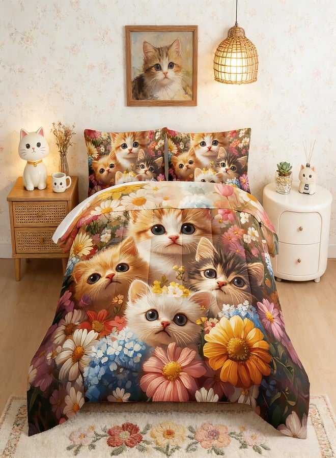 UEVBF Cute Cat Comforter Twin Size,Colorful Flowers Pattern Bedding Sets for Toddlers Girls Kids Room Decor,Soft Breathable Comforter Sets with 2 Pillowcases. - Image 1
