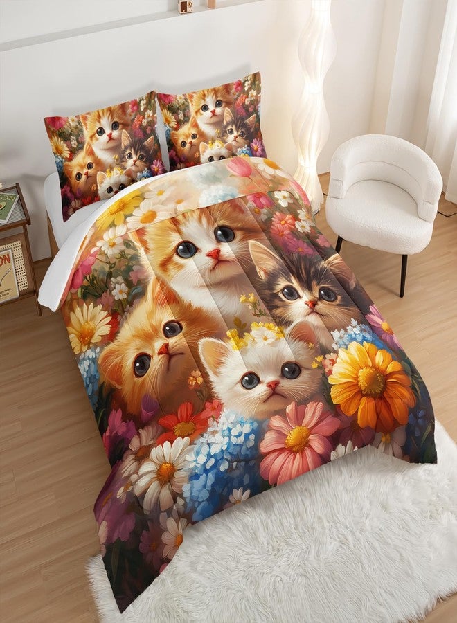 UEVBF Cute Cat Comforter Twin Size,Colorful Flowers Pattern Bedding Sets for Toddlers Girls Kids Room Decor,Soft Breathable Comforter Sets with 2 Pillowcases. - Image 2