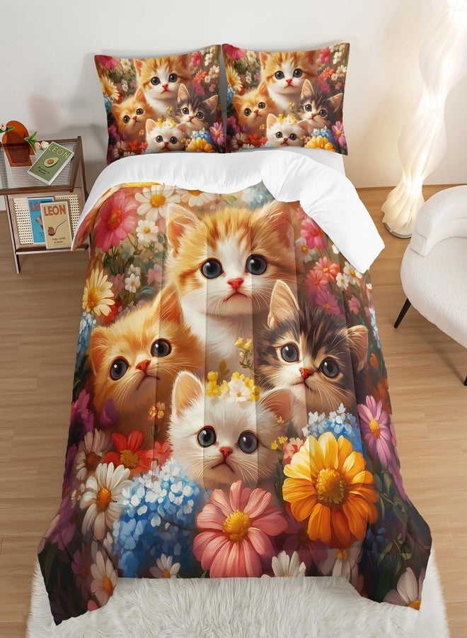 UEVBF Cute Cat Comforter Twin Size,Colorful Flowers Pattern Bedding Sets for Toddlers Girls Kids Room Decor,Soft Breathable Comforter Sets with 2 Pillowcases. - Image 3