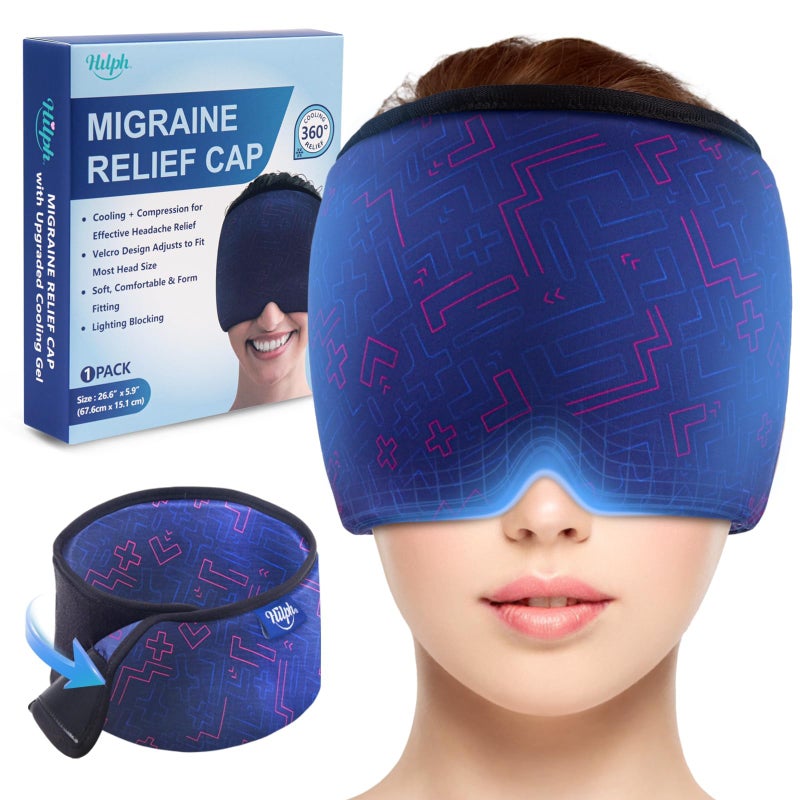 Hilph Adjustable Migraine Relief Cap with Thickened Gel Cold Compress, Headache Relief Cap, Face Cooling Mask Gel Head Wrap for Tension, Stress & Hangover, Soothing Gifts for Women Men Blue - Image 1