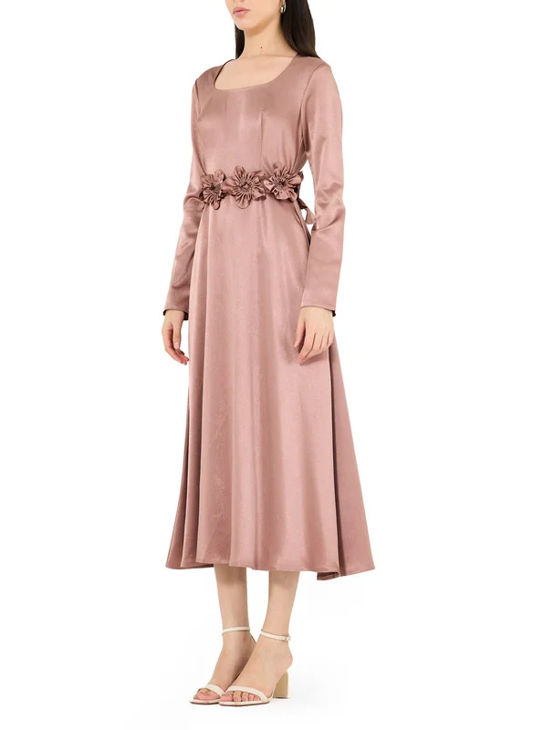 Amri Round Neck Midi Dress in Satin with 3D Floral Applique Waist Belt