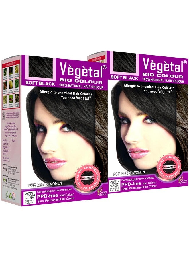 Vegetal Bio Hair Colour Soft Black 50g (Pack of 2) Achieve Natural, Ammonia-Free Hair Color PPD-Free, 100% Herbal Certified Organic for Men & Women UV Protection & Luster Maintenance Complete Kit - Image 1