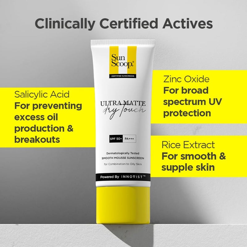 SunScoop Ultra Matte Dry Touch Sunscreen SPF 50 PA Matte Finish Zinc Oxide 01ww Salicylic Acid for Oily Acne Prone Skin Broad Spectrum Non Comedogenic No White CastFor Women Men45gm - Image 4