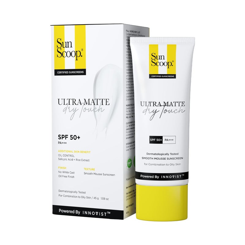 SunScoop Ultra Matte Dry Touch Sunscreen SPF 50 PA Matte Finish Zinc Oxide 01ww Salicylic Acid for Oily Acne Prone Skin Broad Spectrum Non Comedogenic No White CastFor Women Men45gm - Image 1