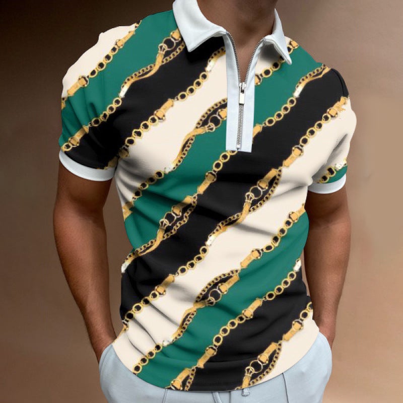 European and American foreign trade cross-border 3D digital printing pattern men's lapel short-sleeved zipper men's casual polo shirt PL-DX57 L - Image 1