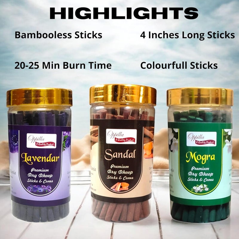OPPILLA Oppilla Dhoop Sticks for Pooja Pack of 3 Jar x 100Gm Bambooless and CharcoalFree Dhup Batti in 3 Flavours Sandal Lavendar Mogra - Image 2
