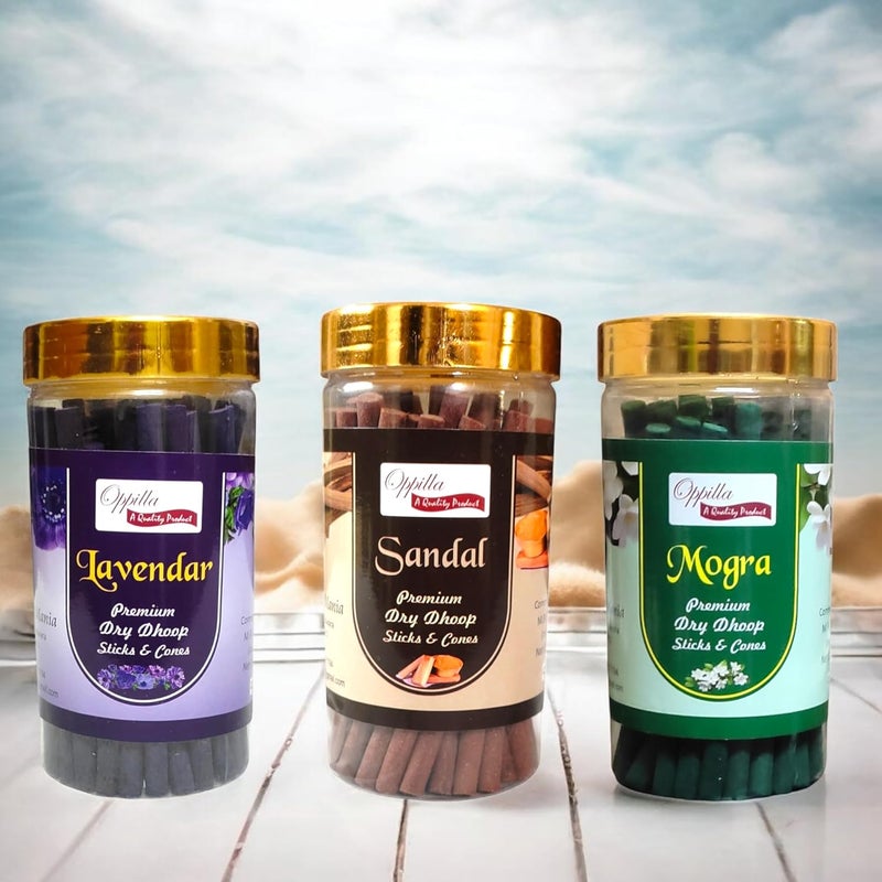 OPPILLA Oppilla Dhoop Sticks for Pooja Pack of 3 Jar x 100Gm Bambooless and CharcoalFree Dhup Batti in 3 Flavours Sandal Lavendar Mogra - Image 4