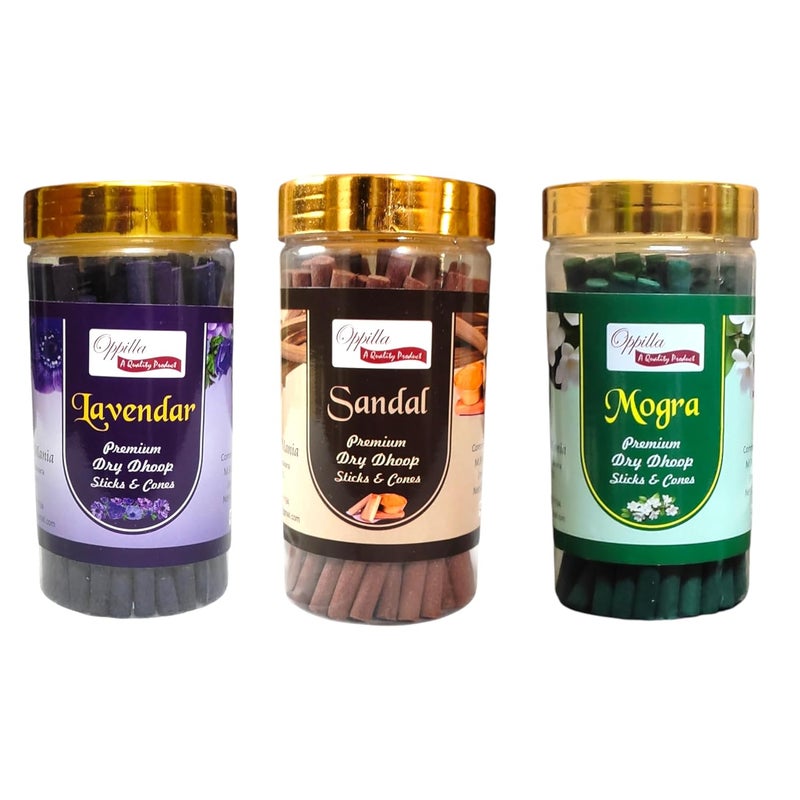 OPPILLA Oppilla Dhoop Sticks for Pooja Pack of 3 Jar x 100Gm Bambooless and CharcoalFree Dhup Batti in 3 Flavours Sandal Lavendar Mogra - Image 1