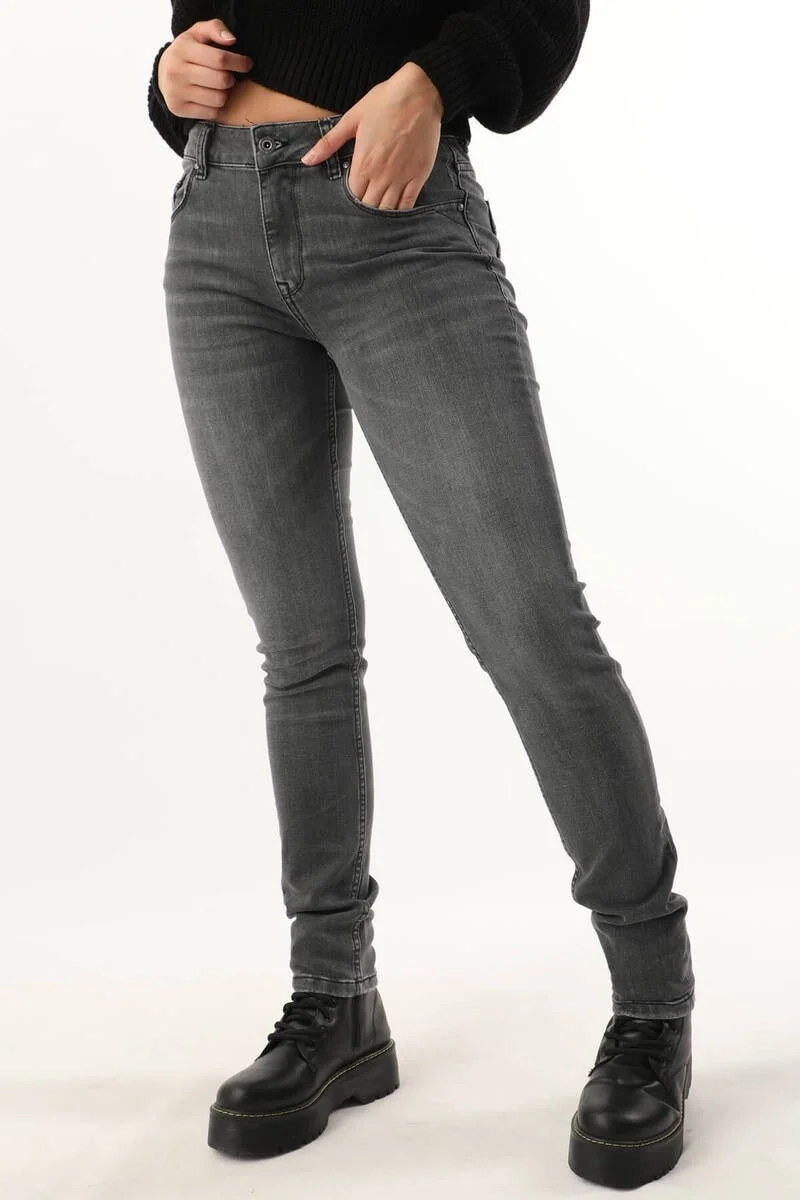 Banny Jeans Women Mid Waist Straight Slim Fit Jeans Dark Gray