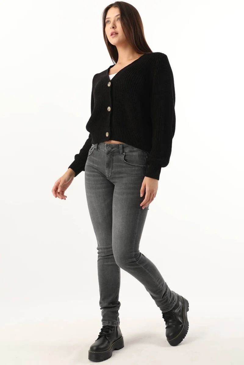 Banny Jeans Women Mid Waist Straight Slim Fit Jeans Dark Gray